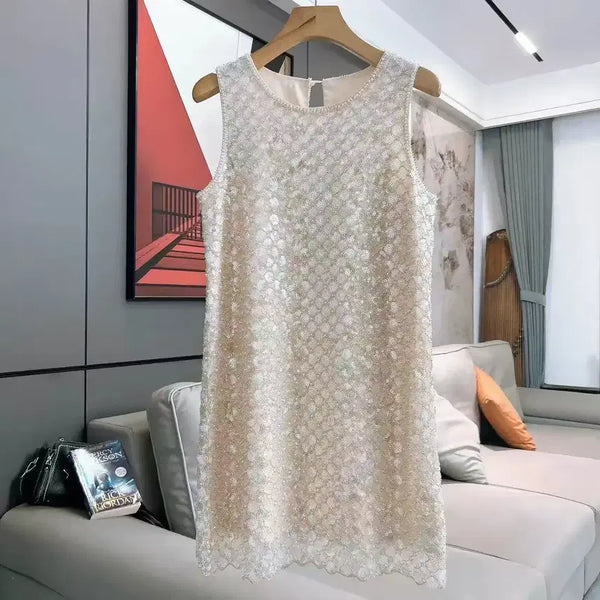 [BUNJANG] Ivory Beaded & Sequined Sleeveless Dress - M - New / 수입의류 아이보리 비즈 & 스팽글 원피스 / M / 새상품