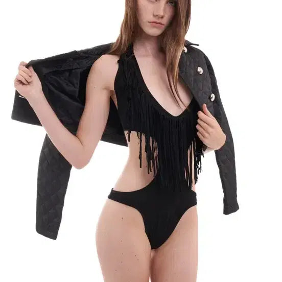 [BUNJANG] Black Fringe Bodysuit XS / 니하이 프린지 바디수트 블랙 xs