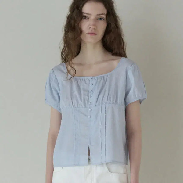 [BUNJANG] TUDMENT Polka Dot Puff Sleeve Blouse Sky Blue / 튜드먼트 폴카도트 퍼프슬리브 반팔블라우스 스카이블루 타낫 틸아이다이