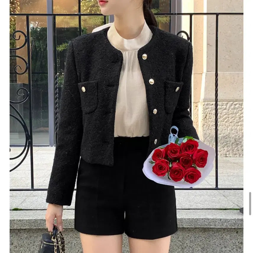 [BUNJANG] Attirance Tweed Jacket Black Semi-Crop Jacket / 아뜨랑스 트위드 자켓 블랙 세미크롭자켓 노카라 하객룩
