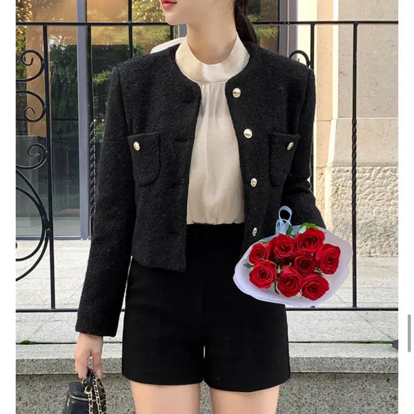 [BUNJANG] Attirance Tweed Jacket Black Semi-Crop Jacket / 아뜨랑스 트위드 자켓 블랙 세미크롭자켓 노카라 하객룩