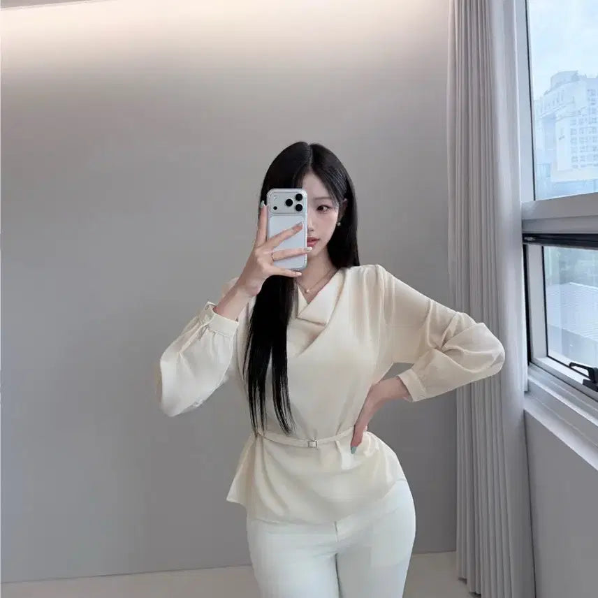 [BUNJANG] Belted Drape Blouse - Black/Ivory / 컬러블랙 원가38[새상품] 하객룩 벨트 드레이프 블라우스