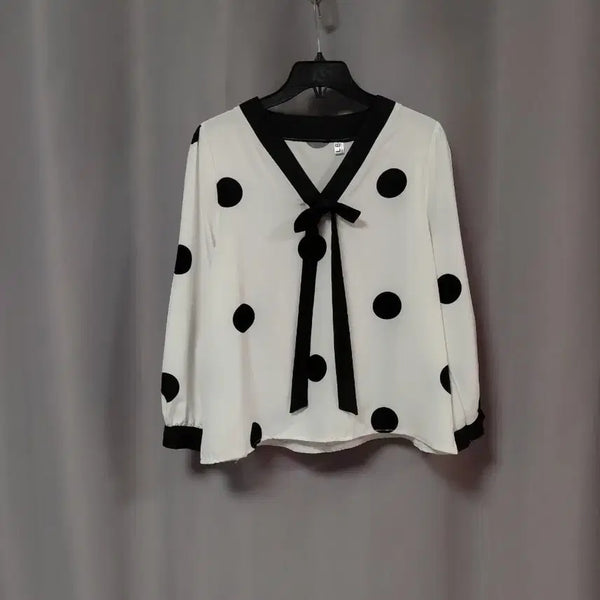 [BUNJANG] V-Neck Polka Dot Ribbon Blouse / 브이넥 도트 리본 블라우스
