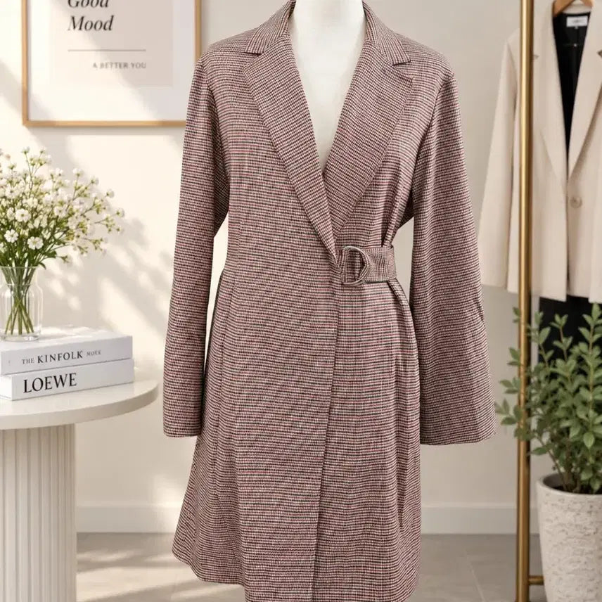 [BUNJANG] Check Pattern Belted Long Jacket / 체크 패턴 벨트 롱자켓
