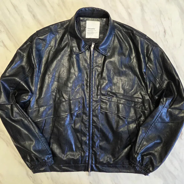 [BUNJANG] Code Graphy Faux Leather Overfit Bomber Jacket / 코드그라피 페이크 레더 자켓