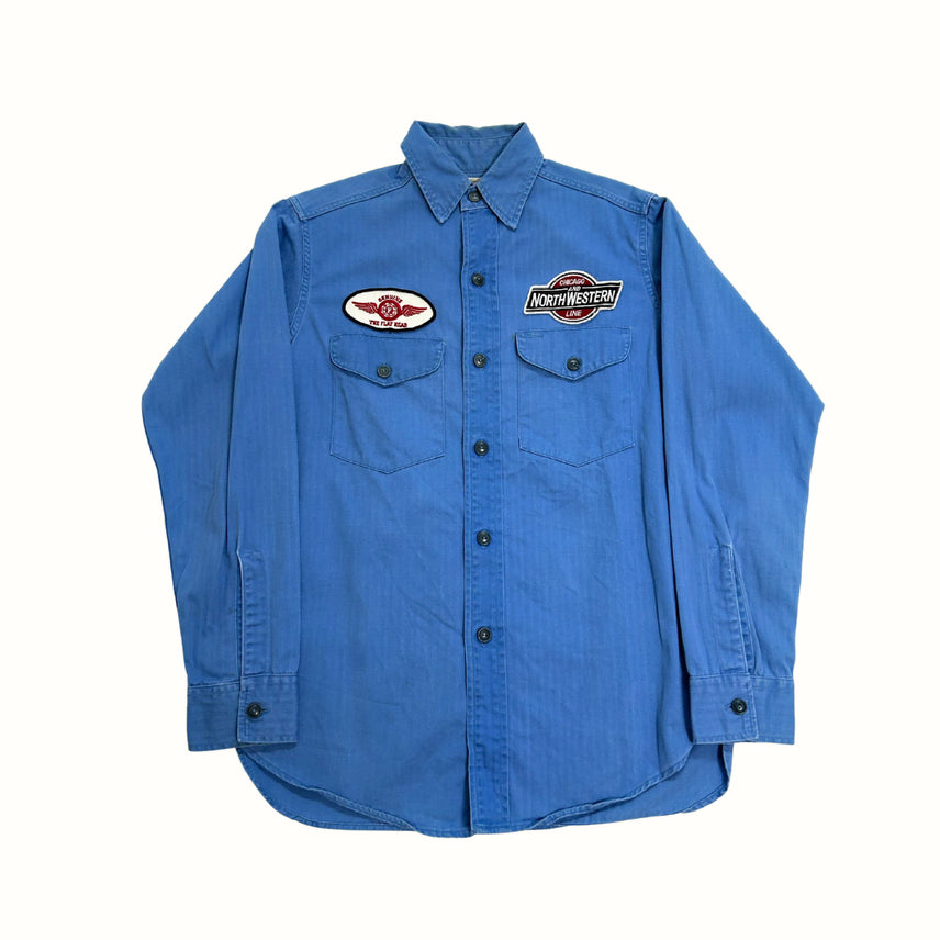 [BUNJANG] Warehouse Patchwork Herringbone French Work Shirt Jacket Blue / M) 웨어하우스 패치워크 헤링본 프렌치 워크셔츠 자켓 블루