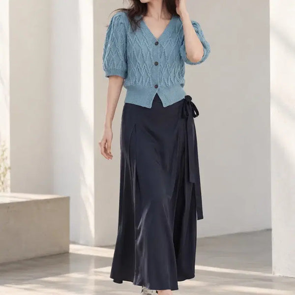 [BUNJANG] Cable Knit Balloon Sweater & Silk Blend Maxi Skirt / 입체케이블 퍼프가디건. 보브 실키롱 스커트