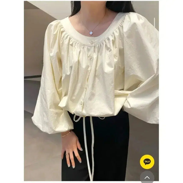 [BUNJANG] Fringe Volume String Blouse - Ivory / 프린지 볼륨 스트링 블라우스 - 아이보리