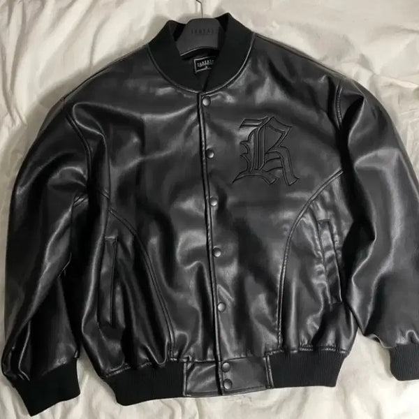 [BUNJANG] Take Easy Buffing Leather Varsity Jacket All Black / 테이크이지 버핑레더 바시티 자켓 올블랙