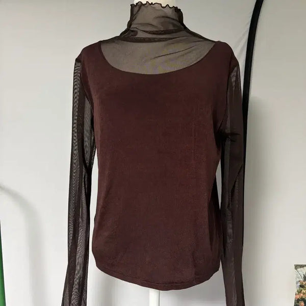 [BUNJANG] Brown Mesh Layered T-Shirt / 브라운 메쉬 레이어드 티셔츠