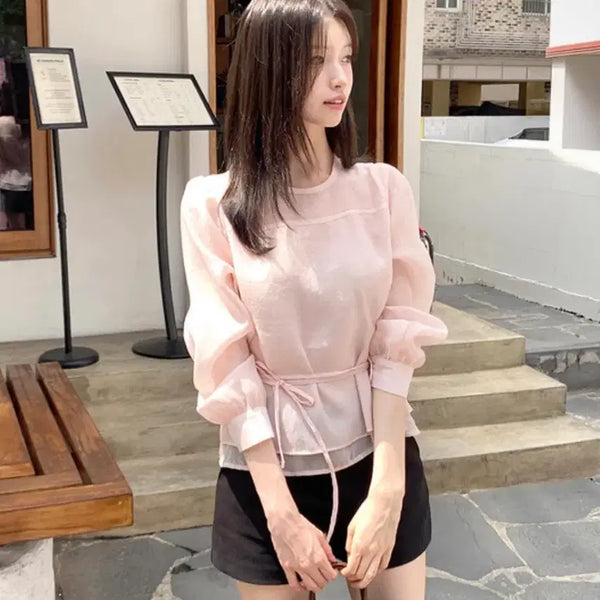 [BUNJANG] Sheer Puff Blouse - Pink / 시스루 퍼프 블라우스 핑크