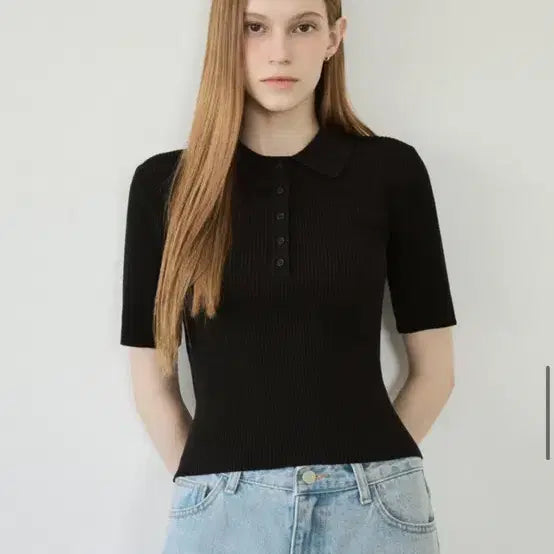 [BUNJANG] Ribetto Ribbed Button Knit Black / [새상품] 리베토 카라 골지 버튼 니트 블랙
