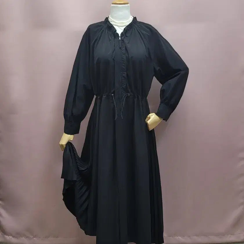[BUNJANG] EnC String Pleats Mix Half-Zip Long Dress / EnC 바스락 스트링 플리츠 믹스 반집업 롱원피스