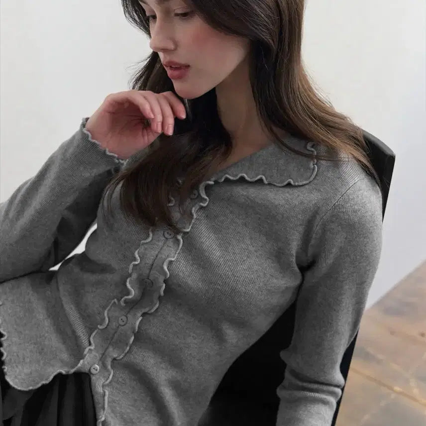 [BUNJANG] Basica Slim Ruffle Knit Grey / 바시카 슬림 러플 니트 그레이