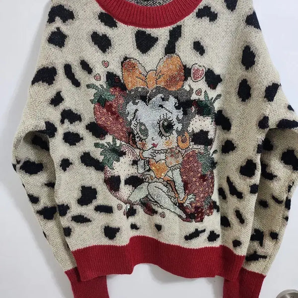 [BUNJANG] Betty Character Cubic Leopard Knit Sweater / 베티 캐릭터 큐빅 레오파드 호피 포인트 니트스웨터<새상품>가격내림x