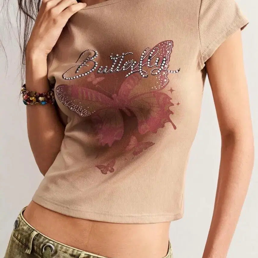 [BUNJANG] Butterfly Cubic Sleeveless Top / 나비 큐빅 슬리브리스티