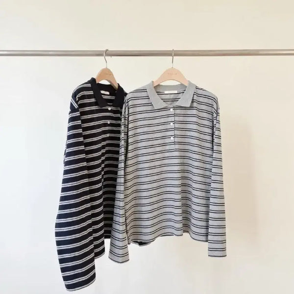 [BUNJANG] OUNCE Striped Collar T-Shirt Grey / OUNCE 스트라이프 카라 티셔츠 GREY