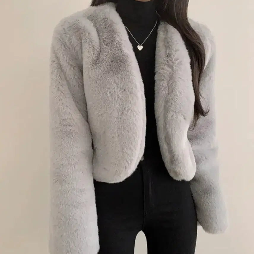 [BUNJANG] Gray Fur Jacket Jumper Coat / 퍼 자켓 그레이 점퍼 코트