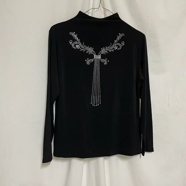 [BUNJANG] Cubic Ribbon High-Neck Long-Sleeve Top / 큐빅 리본 장식 하이넥 롱슬리브