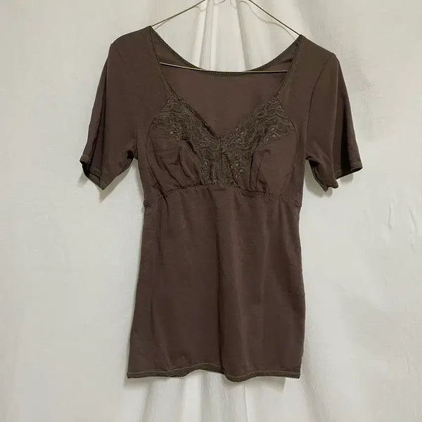 [BUNJANG] Brown Lace Layered Lingerie Top / 브라운 레이스 란제리 레이어드 탑