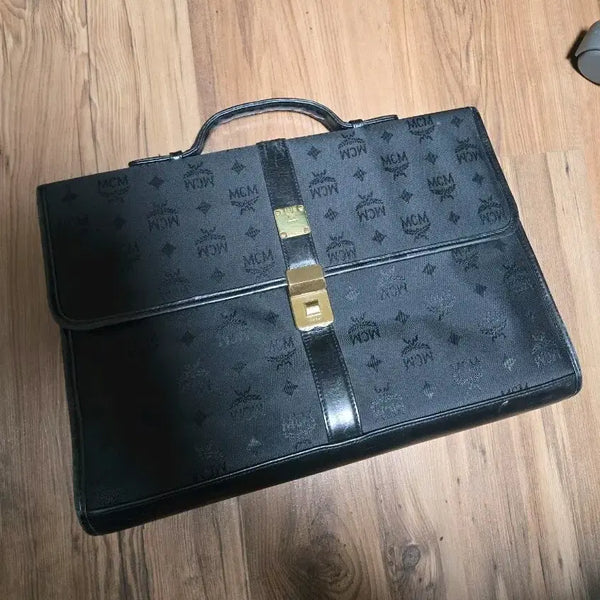 [BUNJANG] MCM Black Leather & Cotton Briefcase / MCM 블랙 가죽& 코튼 서류 가방
