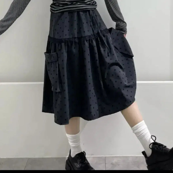 [BUNJANG] Frill Dot Midi Skirt (Charcoal) / 프릴 도트 미디스커트 (차콜)