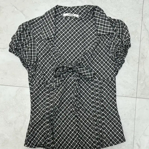 [BUNJANG] Ribbon Puff Check Shirt / 리본 퍼프 체크 셔츠