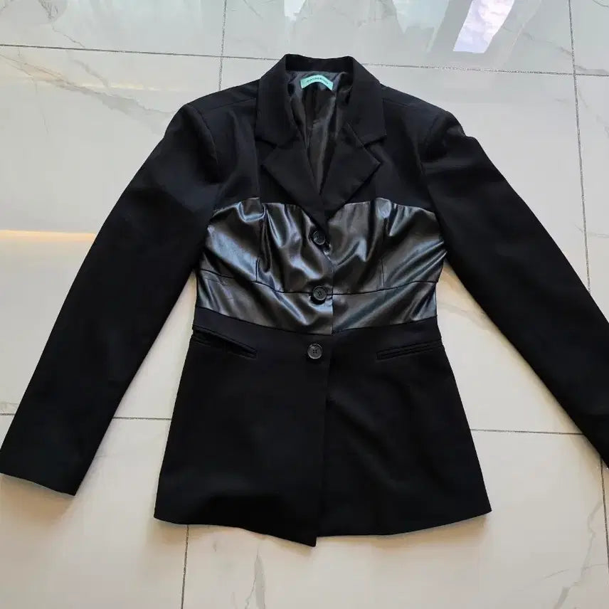 [BUNJANG] Tailored Jacket Black Mix Material / 블랙 레더 믹스 테일러드 자켓 F