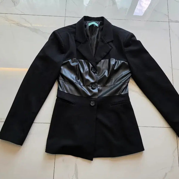[BUNJANG] Tailored Jacket Black Mix Material / 블랙 레더 믹스 테일러드 자켓 F