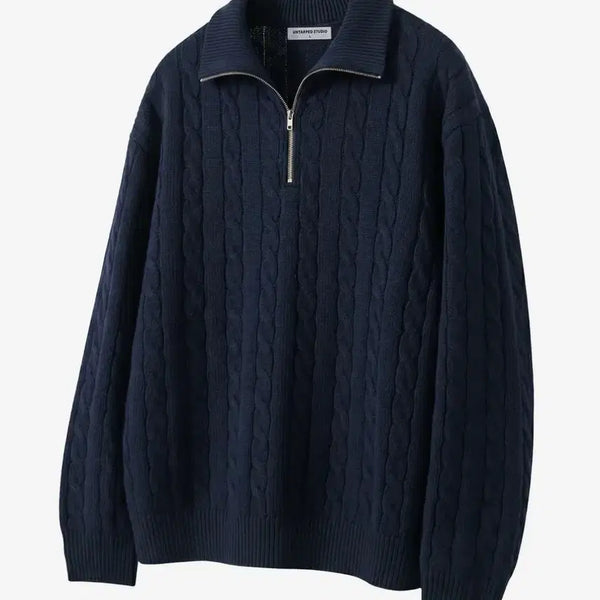 [BUNJANG] Untact Studio Oversized Cable Half-Zip Collar Knit / [언탭트 스튜디오] 오버핏 케이블 반집업 카라 니트