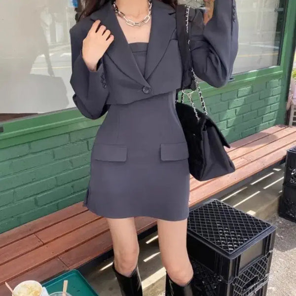 [BUNJANG] Delight J Cropped Jacket & Sleeveless Mini Dress Set Grey / [딜라잇제이]크롭자켓 나시 미니 원피스 세트 그레이