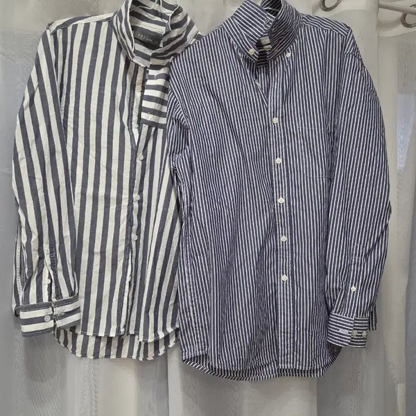 [BUNJANG] Men's Striped Shirts (2-Piece Bundle) Navy / (1회 착용) 남성 스트라이프 셔츠 2종 일괄 100 사이즈 네이비