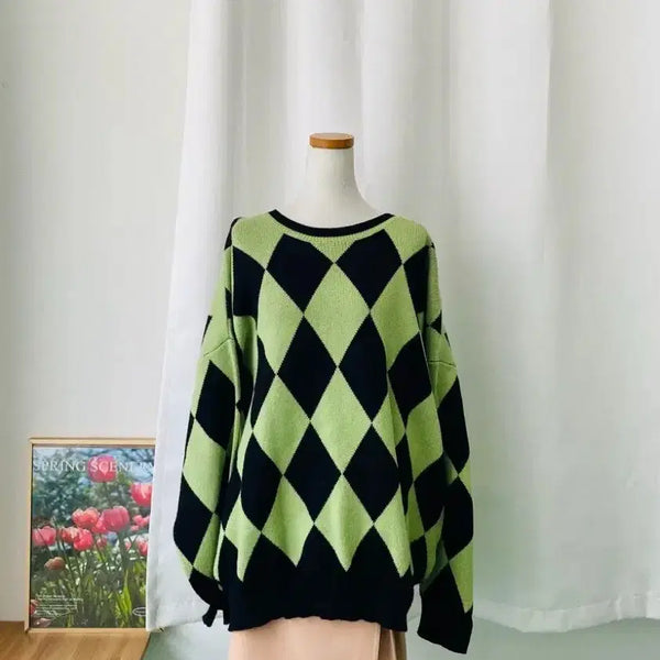 [BUNJANG] Romistory Argyle Check Pullover Knit Lime Black / 로미스토리 아가일 체크 풀오버 니트 라임블랙