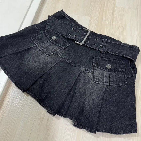 [BUNJANG] Binary One Denim Pleated Mini Skirt with Belt / 바이너리원 벨트 데님 플리츠 미니스커트 흑청