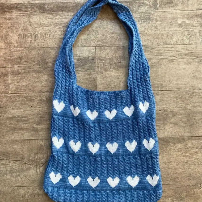 [BUNJANG] Heart Pattern Knit Shoulder Bag - Blue / 하트 패턴 니트 숄더백 블루
