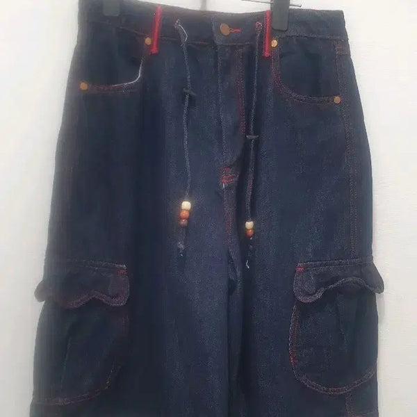 [BUNJANG] LUNAKIFU Denim Cargo Shorts with Beaded String / 루나키후 반바지
