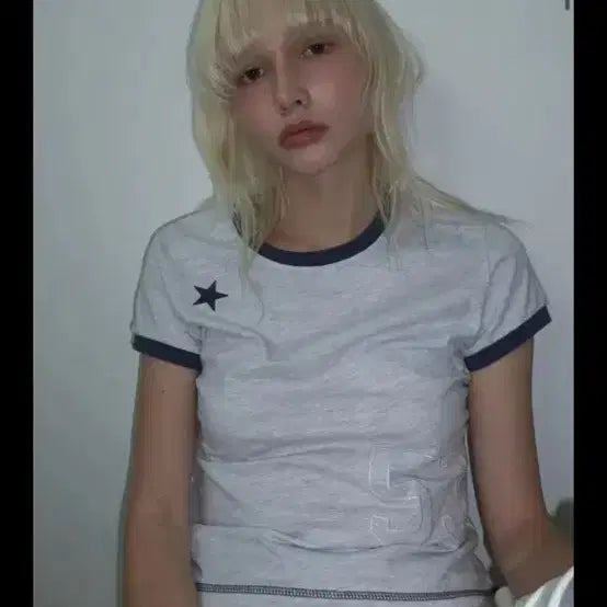 [BUNJANG] Rense Ringer Tee Star Patch Slim Fit White Melange / 렌세 반팔 티셔츠 링거티 Star Patch Slim Fit Ringer Tee White Melange