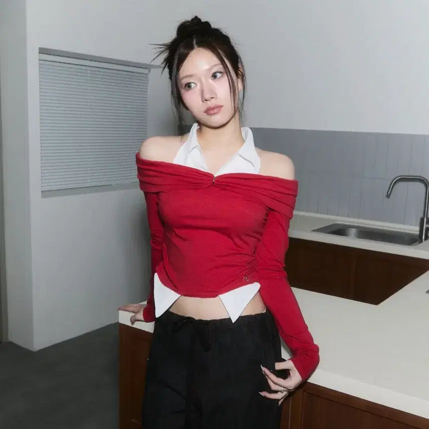 [BUNJANG] CherryQuiri Layered Off-Shoulder Top Red / 체리퀴리 셔츠 레이어드 오프 숄더 탑 레드