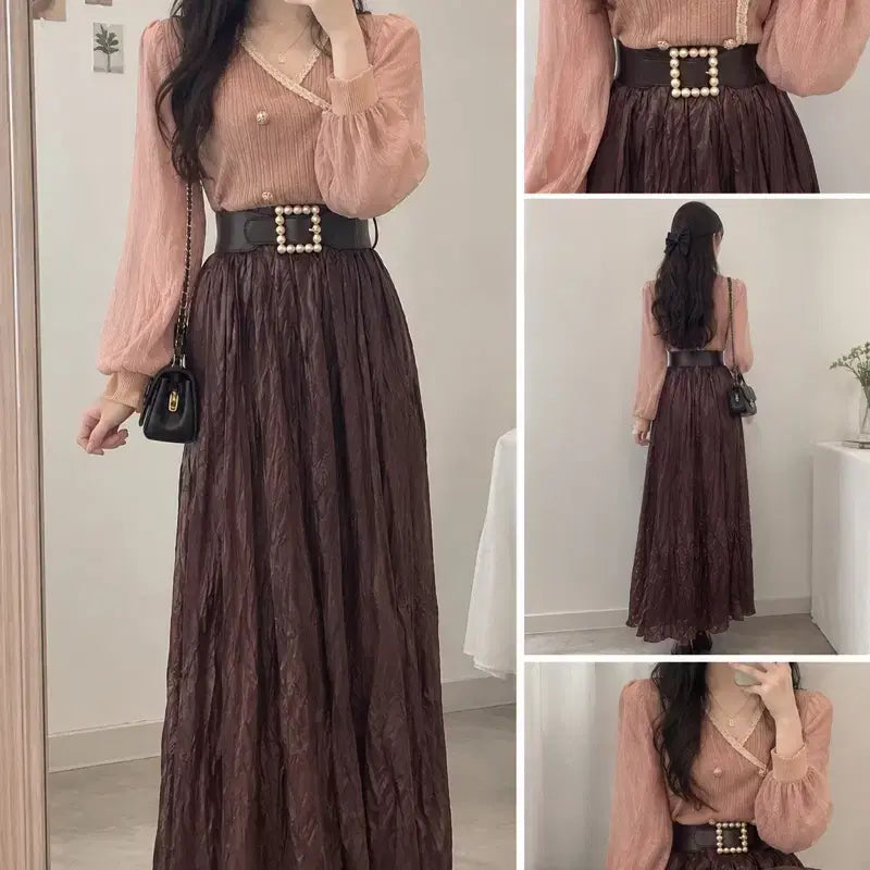 [BUNJANG] Wrinkled Leather Long Skirt (New) / 주름레더스커트2칼라(새상품)
