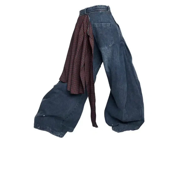 [BUNJANG] KWAS Multi Strap Blue Check Cotton Wide Pants / 콰스 멀티 스트랩 블루 체크 코튼 와이드팬츠