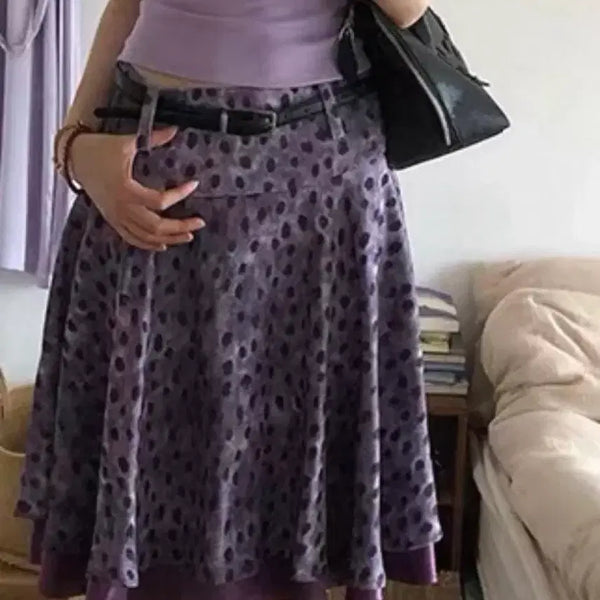 [BUNJANG] Purple Dot Flare Skirt Set / 시착)반팔+퍼플 도트 무늬 플레어 스커트 세트