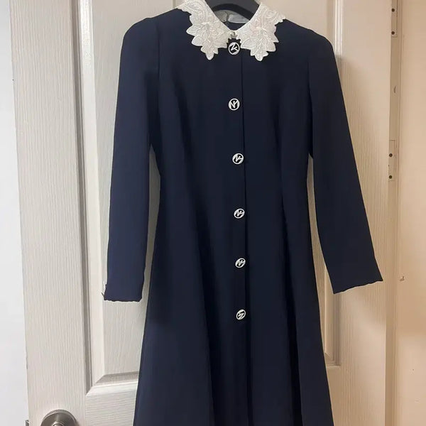 [BUNJANG] Line Lace Collar Mini Midi Dress / [55] Line 라인 레이스 화이트 카라 블랙 딥네이비 미니 미디 원피스