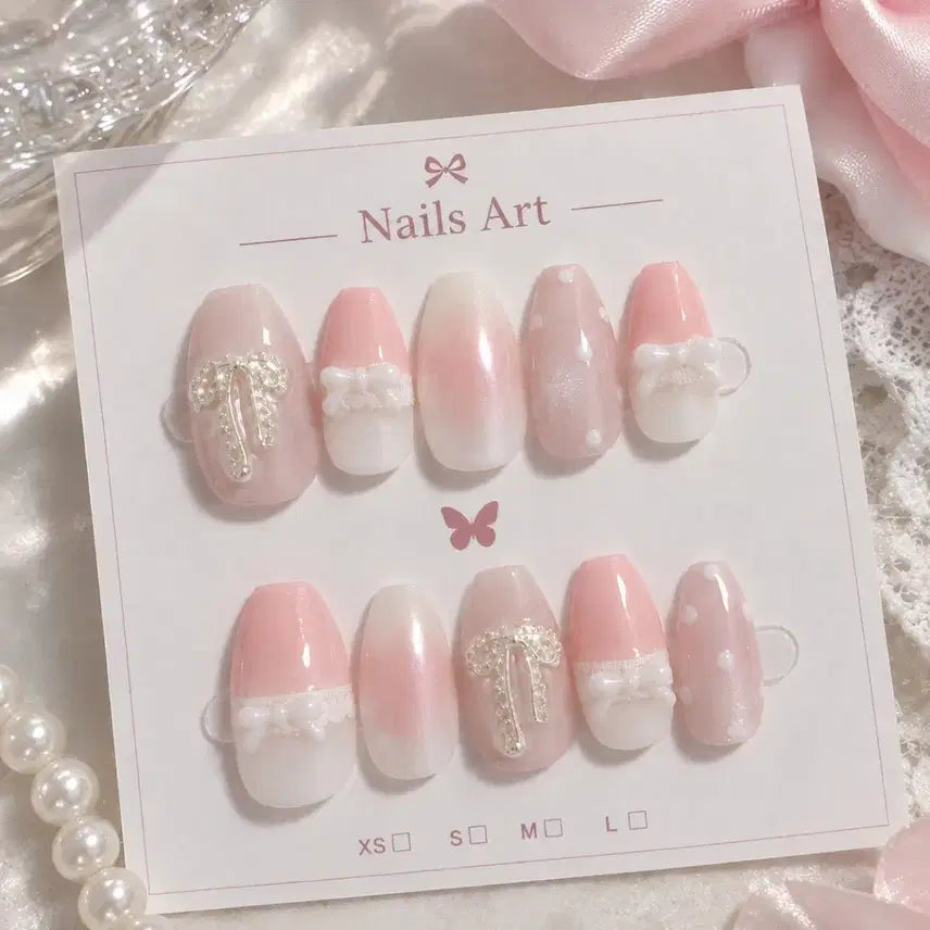 [BUNJANG] Customizable Two-Tone Pink Ribbon Nail Tips / 투톤핑크 리본파츠 네일팁
