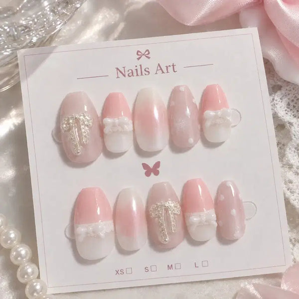 [BUNJANG] Customizable Two-Tone Pink Ribbon Nail Tips / 투톤핑크 리본파츠 네일팁