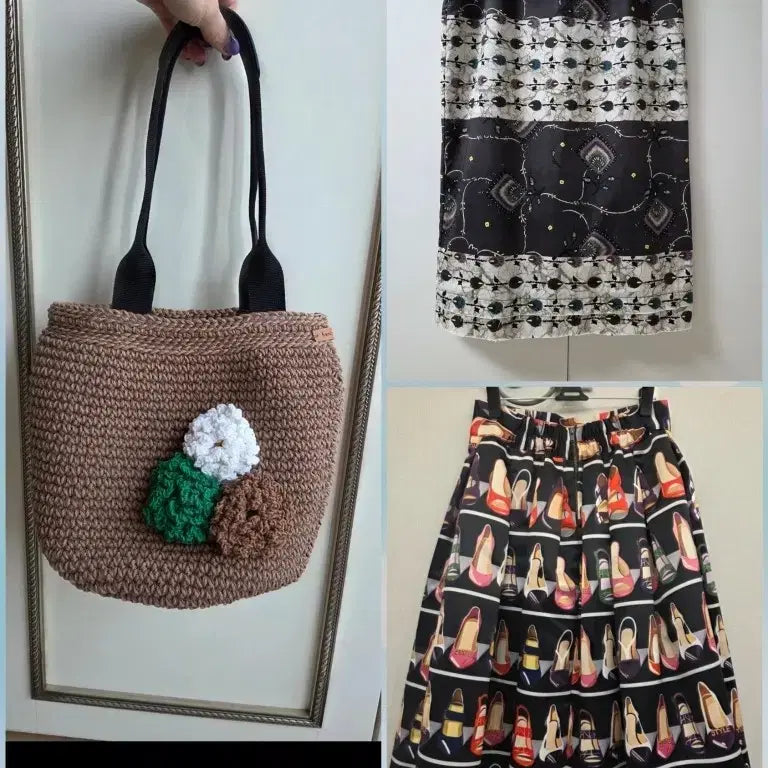 [BUNJANG] Boutique Skirt & Knit Bag Bundle Set / 부띠끄스커트 해외편집샵  뜨개가방 일괄판매  (샤틴 모조 랑방스탈