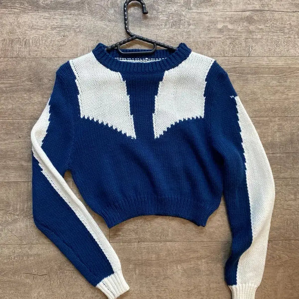 [BUNJANG] Color Block Cropped Sweater / 크롭 스웨터 네이비 화이트 배색