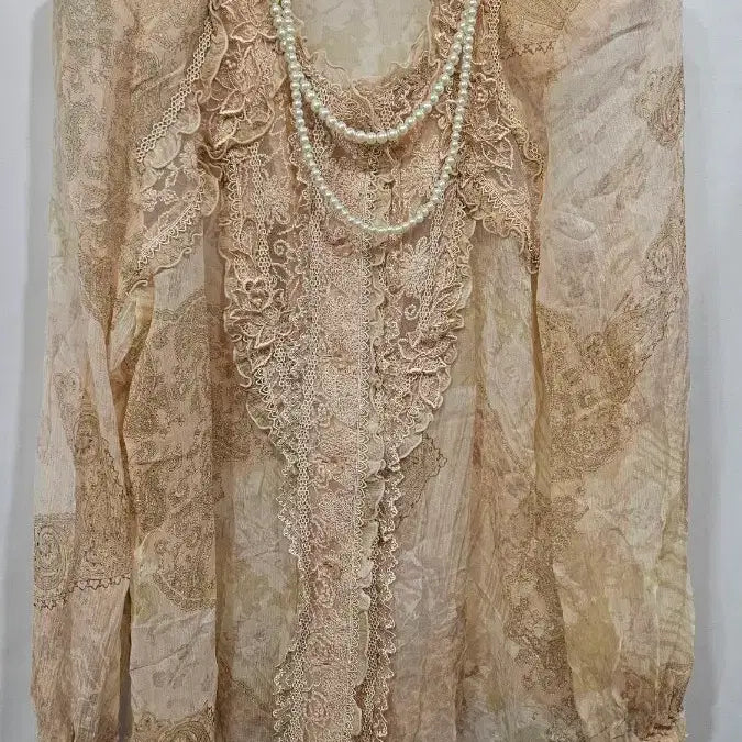 [BUNJANG] Sheer Chiffon Lace Blouse / 일본수입  연핑크 시스루 쉬폰 레이스  블라우스  st3