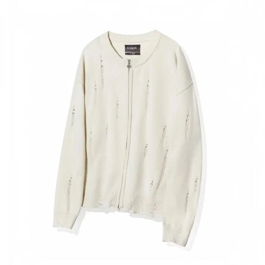 [BUNJANG] Ulkin Distressed Round Neck Knit Zip-Up Ivory / 새상품)  얼킨 ULKIN 데미지 라운드넥 니트 집업_아이보리