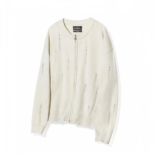 [BUNJANG] Ulkin Distressed Round Neck Knit Zip-Up Ivory / 새상품)  얼킨 ULKIN 데미지 라운드넥 니트 집업_아이보리