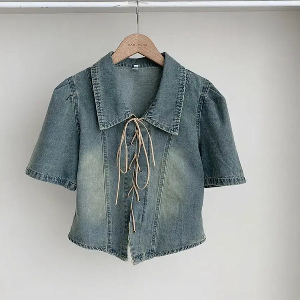 [BUNJANG] Denim Collar Short Sleeve Blouse / 데님 카라 반팔 블라우스